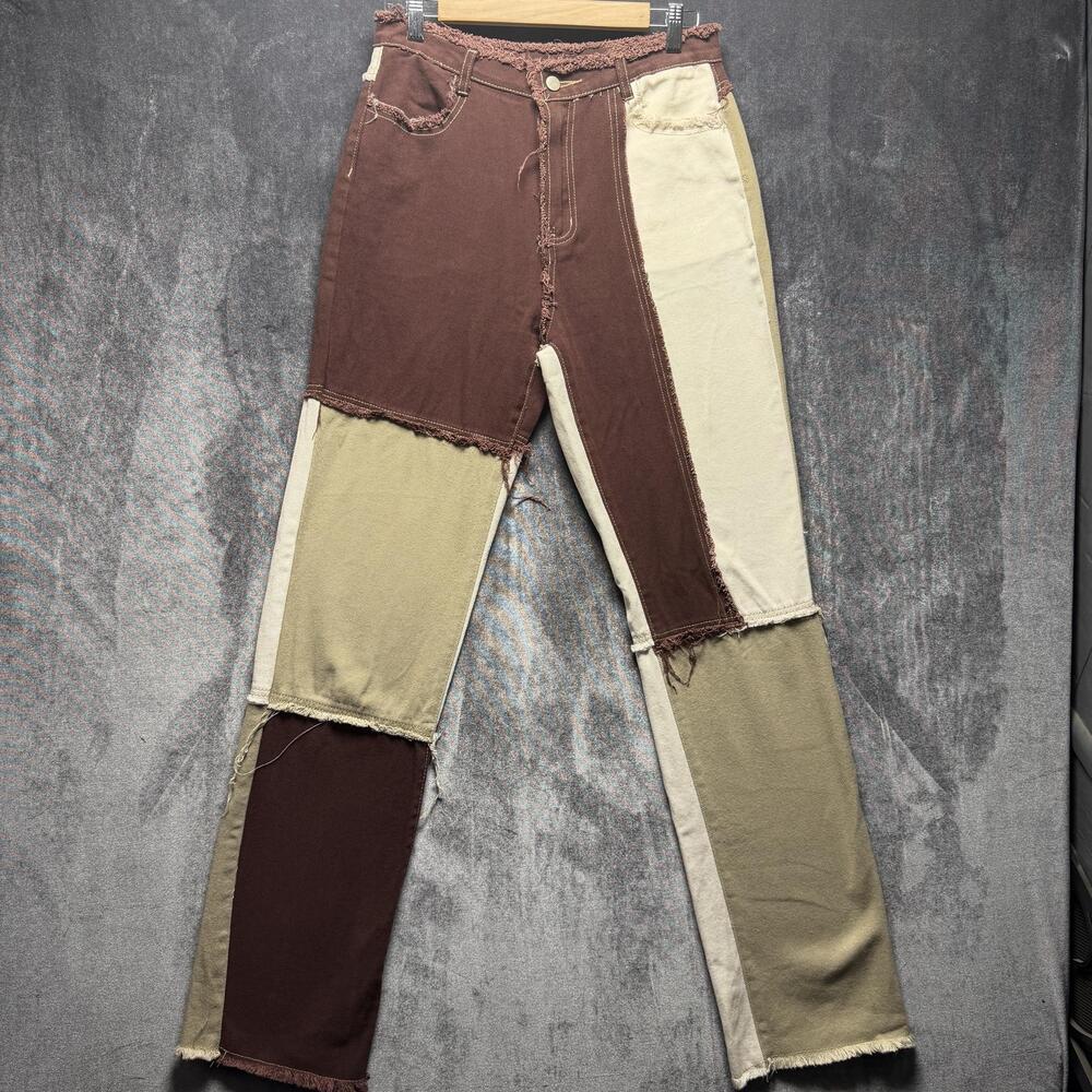SheIn Jeans Womens M Multicolor High Rise Straight Patchwork Fringe Denim Pants